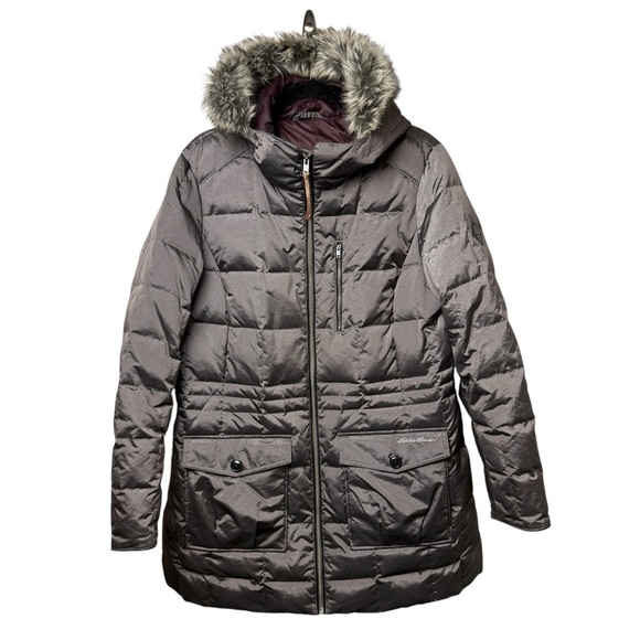 Eddie Bauer Metallic Purple Hooded Down Parka Coat Faux Fur Sherpa Lined SZ *L - Picture 1 of 11